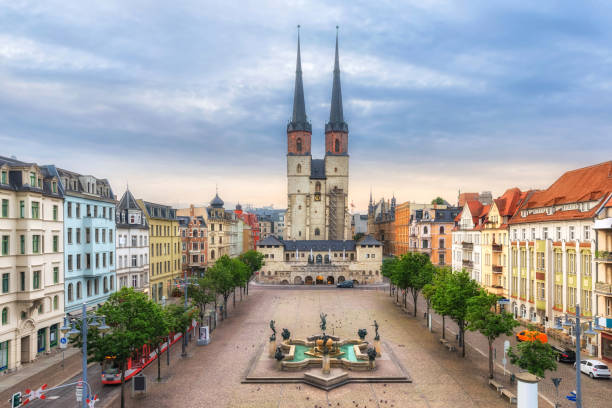 Hallmarkt square in Halle (Saale), Germany Halle (Saale), Germany. Aerial view of Hallmarkt square and Marktkirche church in old town hanover stock pictures, royalty-free photos & images