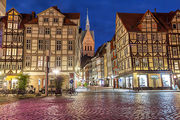 Half-timbered buildings of old town in Hannover View from Holzmarkt square on half-timbered buildings of old town in Hannover, Germany hanover stock pictures, royalty-free photos & images